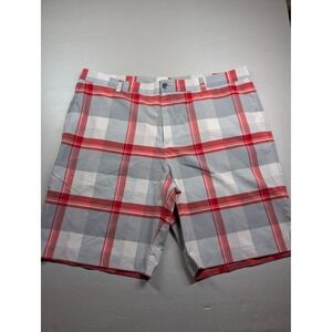 Adidas Men's Plaid Golf Shorts Size 42 Red White Grey Athletic Flat Front